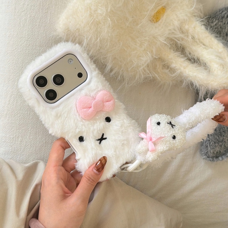Cute Cartoon Wrist Strap Silicone Case - Милый мультяшный белый пушистый меховой чехол